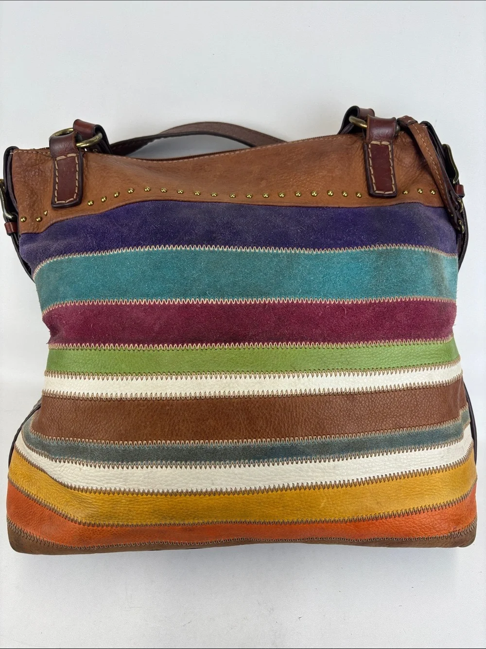 FOSSIL Leather Suede Colorful Patchwork Hobo Shoulder Bag